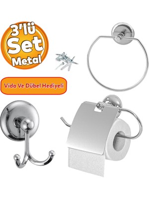 Badem10 Krom Metal Sağlam Aparat Vidalı Lavabo Banyo Wc Bez Havlu Çatal Askı Tuvalet Kağıtlık 3'lü Set