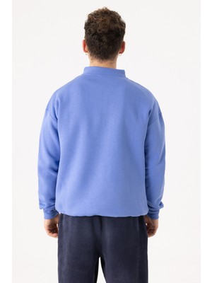 Gothamvibes Erkek Indigo Fermuarlı Oversize Sweatshirt