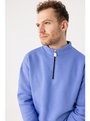 Gothamvibes Erkek Indigo Fermuarlı Oversize Sweatshirt