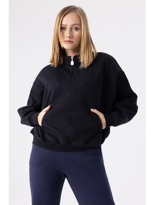 Gothamvibes Kadın Siyah Fermuarlı Oversize Sweatshirt