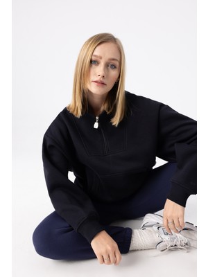 Gothamvibes Kadın Siyah Fermuarlı Oversize Sweatshirt