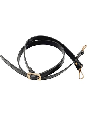 Angel Çanta Aksesuar Rugan Deri 120X2 cm Tokalı Siyah Renk Çanta Sapı Light Gold Metalli