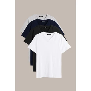 Erkek Çok Renkli T- Shirt Regular Fit Rahat Kesim V Yaka 4'lü Basic Tişört Paketi