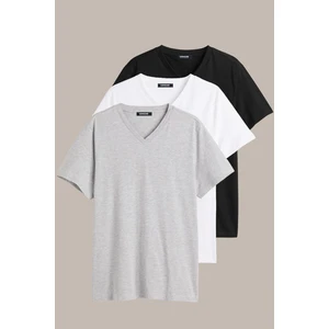 Erkek Çok Renkli T- Shirt Regular Fit Rahat Kesim V Yaka 3'lü Basic Tişört Paketi