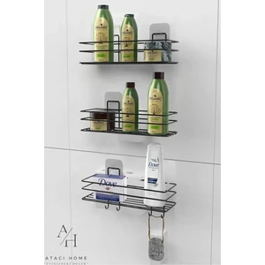 Atacı Home 3'lü Set Yapışkanlı 4 Kancalı Paslanmaz Banyo Rafı Mat Siyah Banyo Şampuanlık Duşakabin Duş Askısı