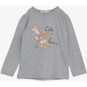Kız Çocuk Uzun Kollu Tişört Sevimli Geyikler Baskılı 2-6 Yaş, Gri Melanj