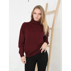 Kadın Yarım Balıkçı Yaka Triko Kazak - Bordo