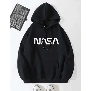 Unisex Siyah Nasa Baskılı Kapüşonlu Sweatshirt