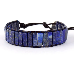 Qiuhong Shop Lapis Lazuli High End Tüp Şekli Lapis Lazuli Tek Deri Wrap Bilezikler Vintage Dokuma Boncuklu Manşet Bileklik Bijoux (Yurt Dışından)