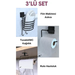 Alsi Home Yapışkanlı 3 Lü Siyah Fön Makinesi Askısı Tuvalet Kağıtlık Havlu Peçetelik Pratik Tuvalet Banyo Seti