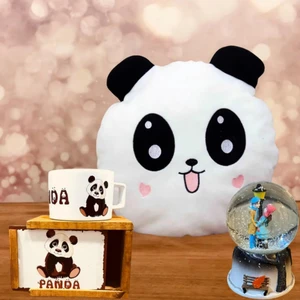 Panda Yastık ve Kutulu Kupa Hediye Seti ve Işıklı Kar Küresi Hediye