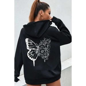 Unisex Siyah Kelebek Baskılı Kapüşonlu Sweatshirt