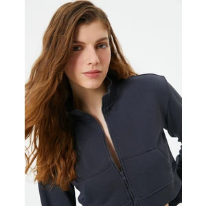 Crop Fermuarlı Sweatshirt Kanguru Cepli Dik Yaka