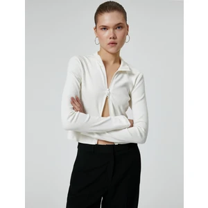 Fermuarlı Triko Hırka Dik Yaka Kaşkorse Uzun Kollu