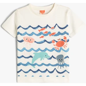 Kısa Kollu Tişört Marin Temalı Baskılı Bisiklet Yaka