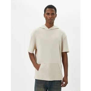 Kapşonlu Tişört Kısa Kollu Kanguru Cep Detaylı Düşük Omuzlu