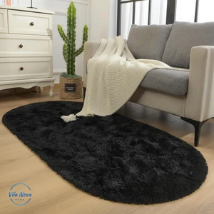 Siyah Oval Post Halı Peluş Yumuşak Kaymaz Dot Taban