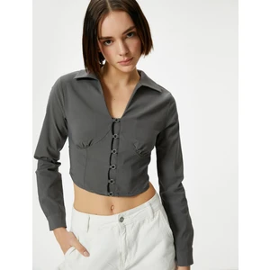 Gömlek Yaka Crop Bluz Slim Fit Uzun Kollu Korse Görünümlü