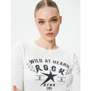 Uzun Kollu T-Shirt Slogan Baskılı Bisiklet Yaka Pamuklu