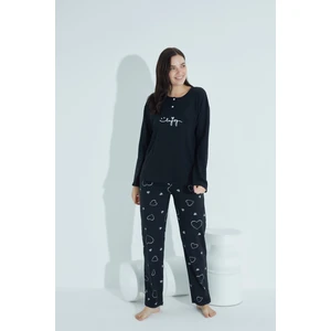 Kadın Düğmeli Desenli Pijama Takımı Yazılı Waynap 960