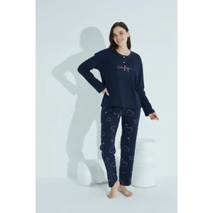 Kadın Düğmeli Desenli Pijama Takımı Yazılı Waynap 960