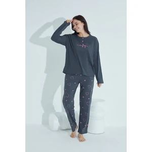 Kadın Düğmeli Desenli Pijama Takımı Yazılı Waynap 960