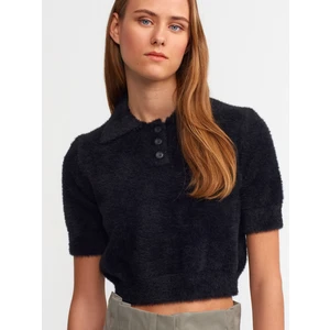 10475 Polo Yaka Düğmeli Yumuşak Dokulu Crop Kazak-Siyah