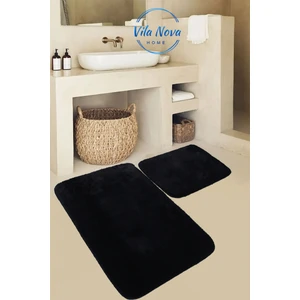 Vila Nova Home (80X50-50X40) 2'li Siyah Peluş Post Yumuşak Yıkanabilir Banyo Halısı Klozet Takımı