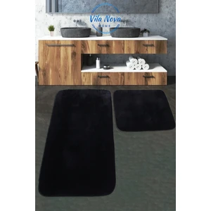 Vila Nova Home (75 x 120 cm - 75 x 50 cm) 2'li Siyah Peluş Post Yumuşak Yıkanabilir Banyo Halısı Klozet Takımı