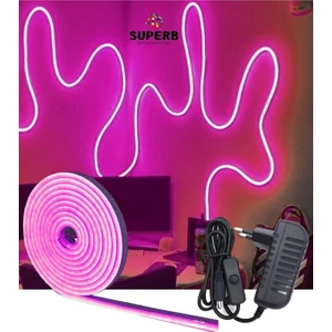 Sb-6535 5 Metre Neon LED Pembe Işık Aç Kapa Butonlu Adaptörlü Şerit LED