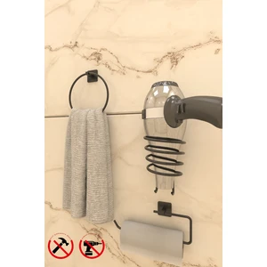 Alper Banyo Jasmin Yapışkanlı Siyah Kare 3'lü Banyo Seti - Yuvarlak Havluluk, Solo Havluluk, Kare Fön Makinesi Askısı Banyo Seti