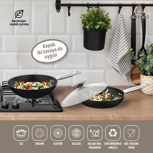 Dark Yanmaz Yapışmaz 3 Parça Titanyum Kaplama Tava -Cam Kapaklı (28 cm Wok, 28 cm Tava Tek Kapak)