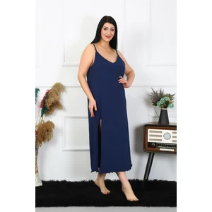 Kadın Büyük Beden Ip Askılı Pamuklu Lacivert Uzun Gecelik 12100