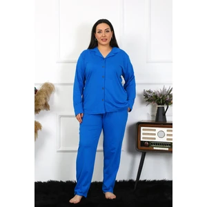 Kadın Büyük Beden Pamuklu Cepli Düğmeli Saks Pijama Takım 202401