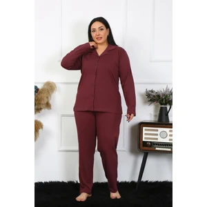 Kadın Büyük Beden Pamuklu Cepli Düğmeli Mürdüm Pijama Takım 202401