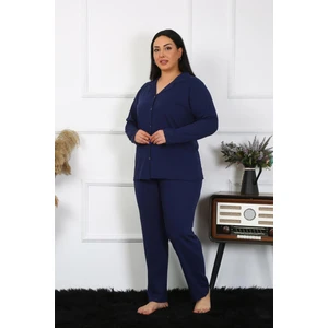 Kadın Büyük Beden Pamuklu Cepli Düğmeli Lacivert Pijama Takım 202401