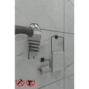 Alper Banyo Jasmin Yapışkanlı Siyah Kare 3'lü Banyo Seti - Kare Havluluk, Açık Kağıtlık, Kare Fön Makinesi Askısı