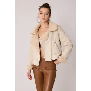 Içi Suni Kürklü Süet Crop Biker Ceket