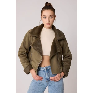 Içi Suni Kürklü Süet Crop Biker Ceket