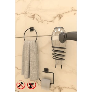 Alper Banyo Jasmin Yapışkanlı Siyah Kare 3'lü Banyo Seti - Halka Havluluk, Açık Kağıtlık, Kare Fön Makinesi Askısı