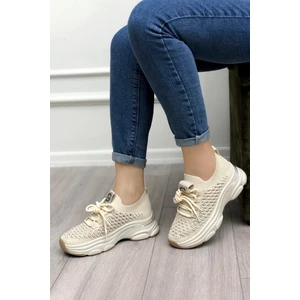 24Y309-3 Kadın Taşlı Sneaker Ayakkabı Bej