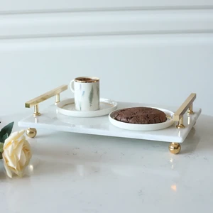 Mermer Beyaz Altın Boncuk Ayak Florya 30X20 cm Tepsi