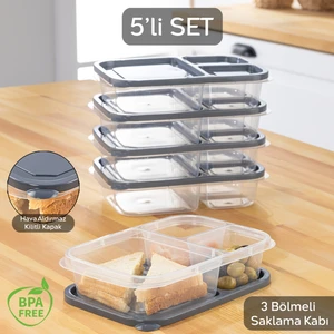 Meleni Home 5'li Set 3 Bölmeli Kapaklı Dikdörtgen Saklama Kabı-Taşınabilir Kahvaltılık ve Beslenme Kutusu