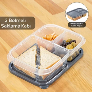 Meleni Home 3 Bölmeli Kapaklı Dikdörtgen Saklama Kabı-Taşınabilir Kahvaltılık Diyet ve Beslenme Kutusu