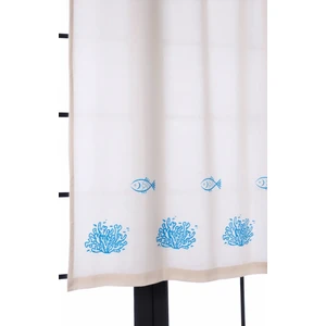 Pamukidea Mavi Mercan ve Balık Baskılı %100 Pamuklu Düz Keten + Tokat Taş Tahta Baskı Güneşlik Buldan Perdesi