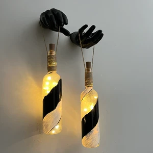 Mes Reves Design Siyah Heykel El Dekorlu Pilli Led Işıklı Siyah Vitray Cam Şarap Şişesi Aplik 2'Li Set Cafe Bahçe Ev Dekoru