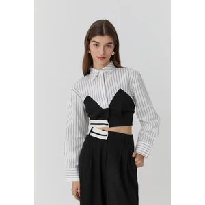 Match Detaylı Çizgili Crop Gömlek Ekru