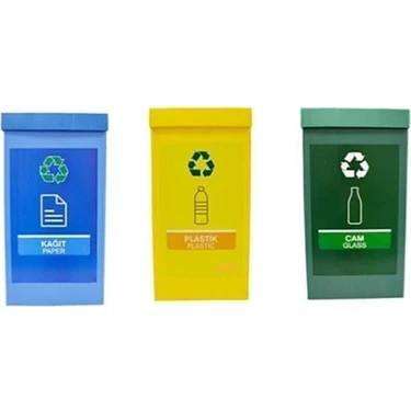Özekim 3'lü Set Geri Dönüşüm Kutusu Sıfır Atık Kutusu Plastik Malzemeden Kağıt, Plastik ve Cam