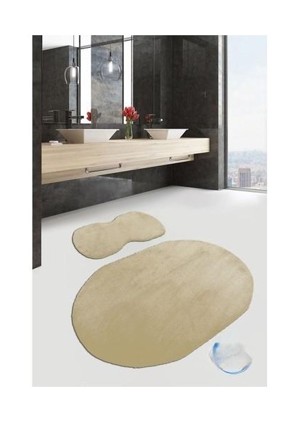 2'li Bej Oval Peluş Post Yumuşak Yıkanabilir Banyo Halısı Klozet TAKIMI(80X120-80X50) fiyatları