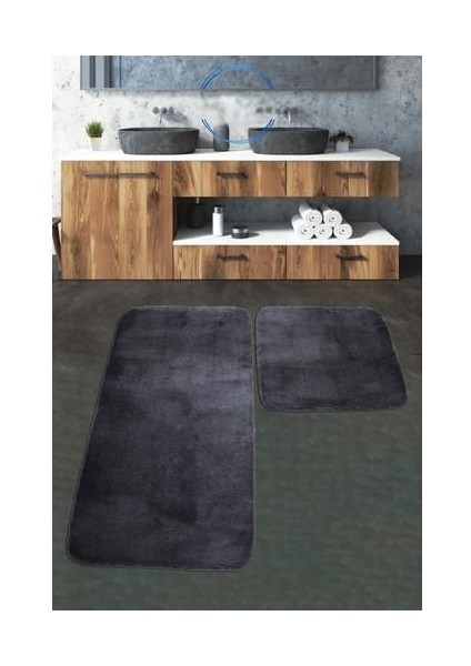 (75X120-75X50) 2'li Antrasit Peluş Post Yumuşak Yıkanabilir Banyo Halısı Klozet Takımı